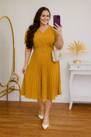 Vestido Plissado Cor Amarelo Midi Forrado - Tecido Crepe Seda