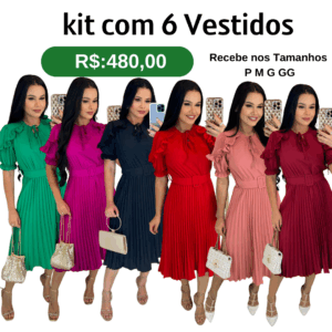 kit com 6 Vestido Plissado-Tecido Crepe Seda