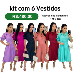 kit com 6 Vestido Plissado-Tecido Crepe Seda