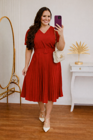 Vestido Plissado Cor Vermelho Midi Forrado - Tecido Crepe Seda