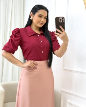 Blusa com gola Tipo camisa manga princesa Marsala