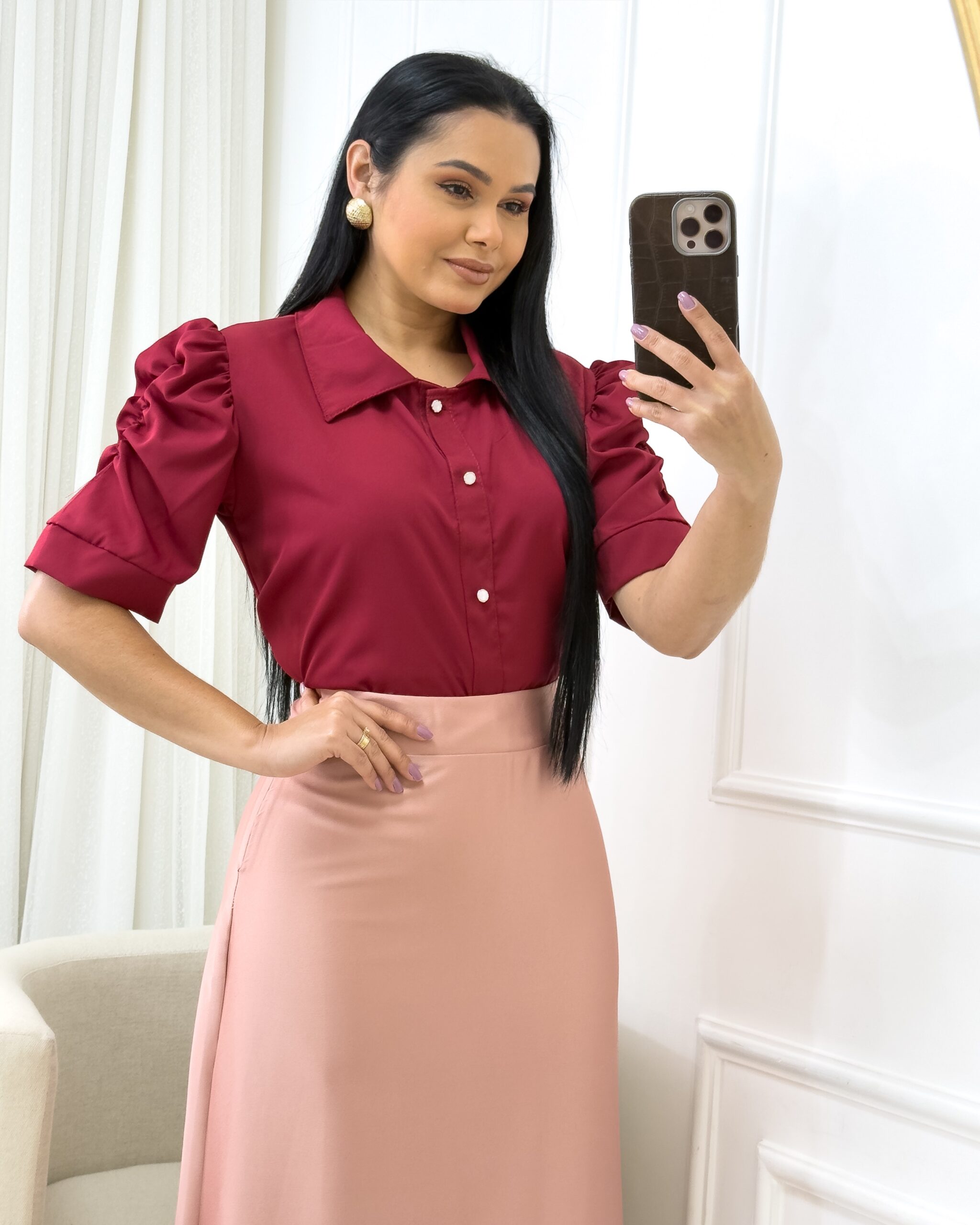 Blusa com gola Tipo camisa manga princesa Marsala