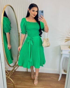 Vestido Plissado Midi Forrado Tecido Crepe Seda com lastex-Verde Bandeira