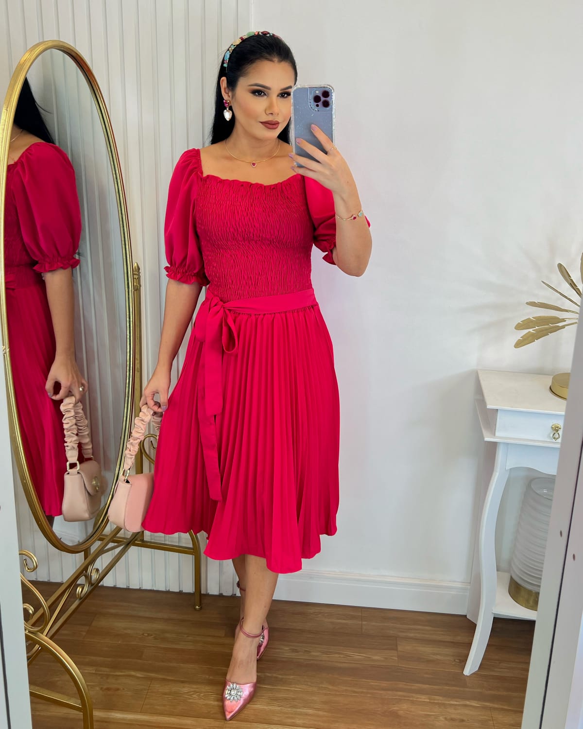 Vestido Plissado Midi Forrado Tecido Crepe Seda com lastex-Rosa Pink