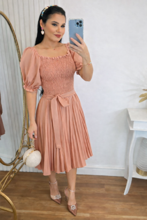 Vestido Plissado Midi Forrado Tecido Crepe Seda com lastex- Rosé