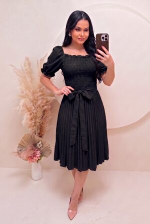 Vestido Plissado Midi Forrado Tecido Crepe Seda com lastex-Preto