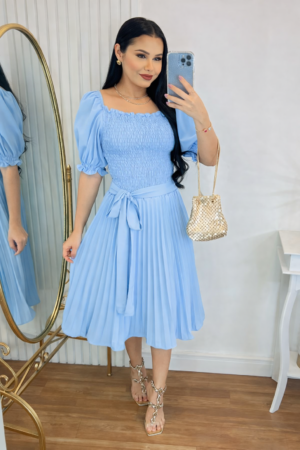 Vestido Plissado Midi Forrado Tecido Crepe Seda com lastex-Azul bebe