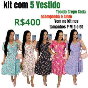 kit com 5 Vestido Plissado-Tecido Crepe Seda