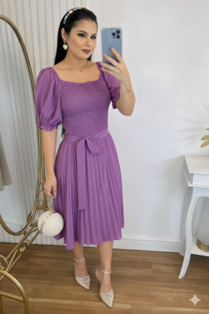 Vestido Plissado Midi Forrado Tecido Crepe Seda com lastex-Lilas forte