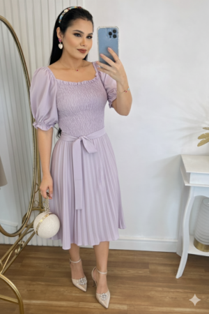 Vestido Plissado Midi Forrado Tecido Crepe Seda com lastex-Lilas claro
