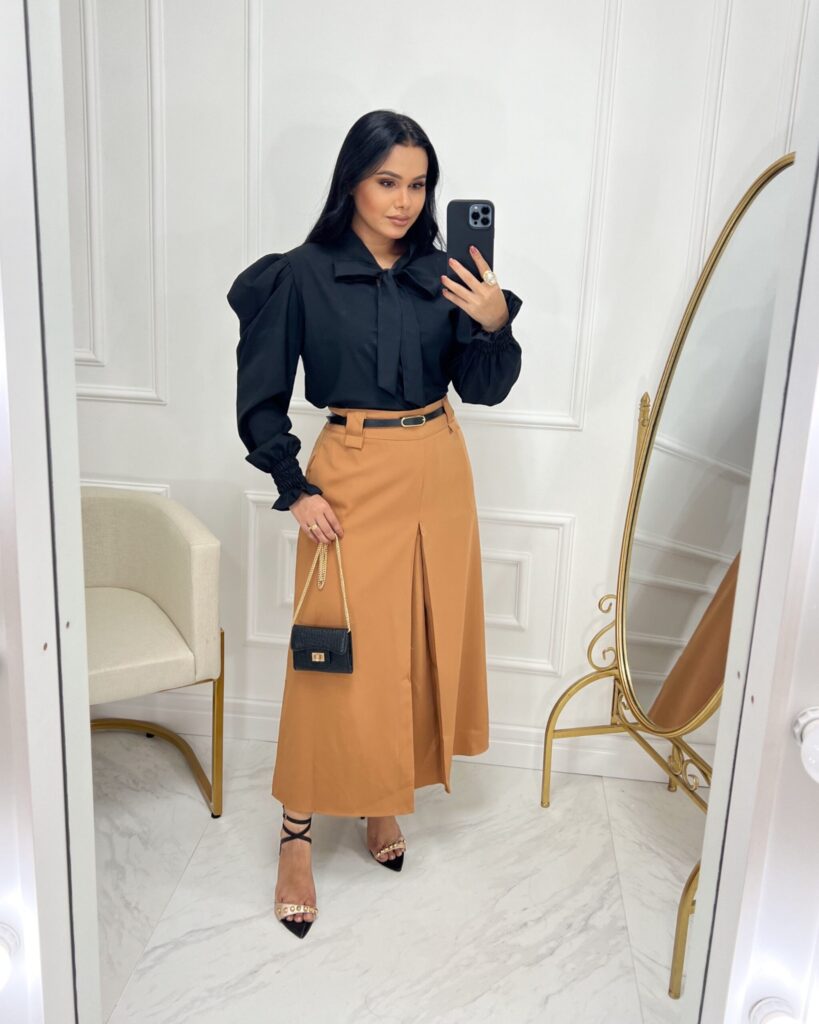 Saia Alfaiataria Midi-Caramelo