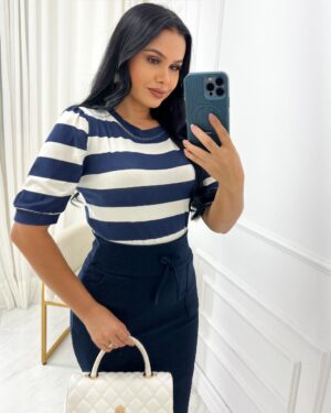 Blusa Manga Princesa Tecido Viscolaycra Azul Marinho