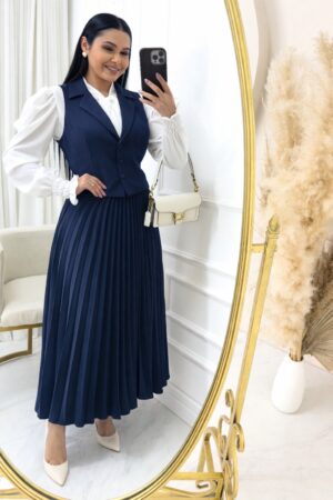 Conjunto em Alfaiataria Plissado com Colete Azul marinho