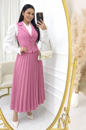 Conjunto em Alfaiataria Plissado com Colete rosa bebe