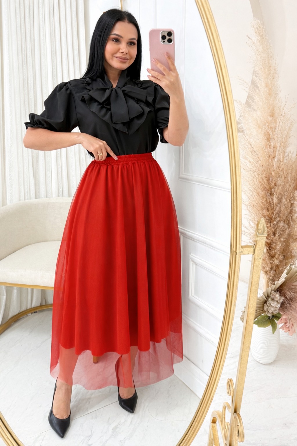 Saia Midi em Tule-Vermelho