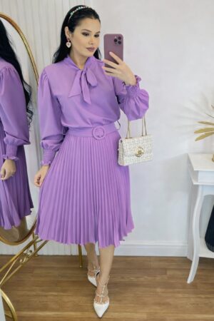Vestido Plissado Midi Forrado Manga longa- Tecido Crepe Seda-lilas