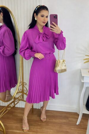 Vestido Plissado Midi Forrado Manga longa- Tecido Crepe Seda-Fuscia