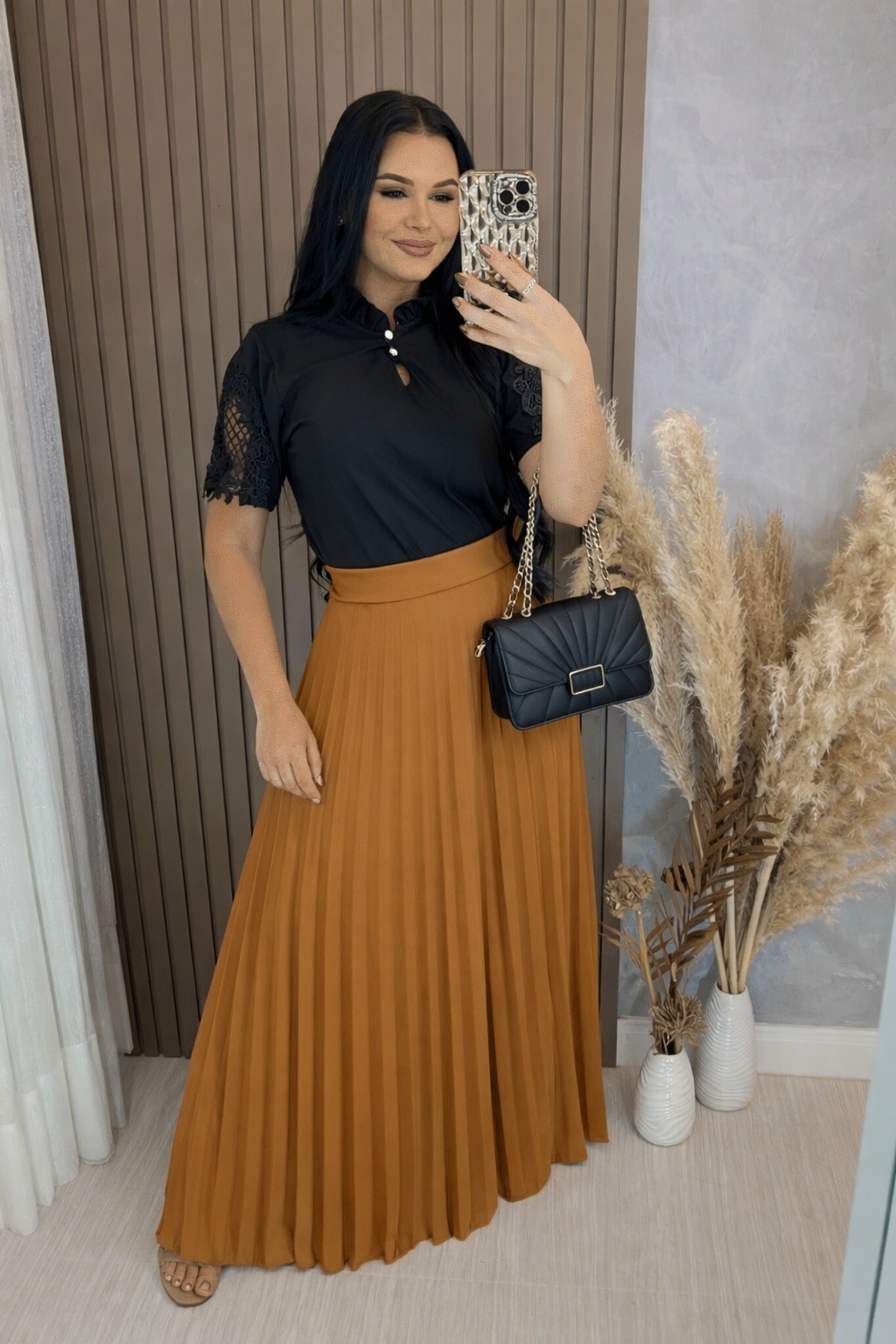 Saia longa Plissada Caramelo