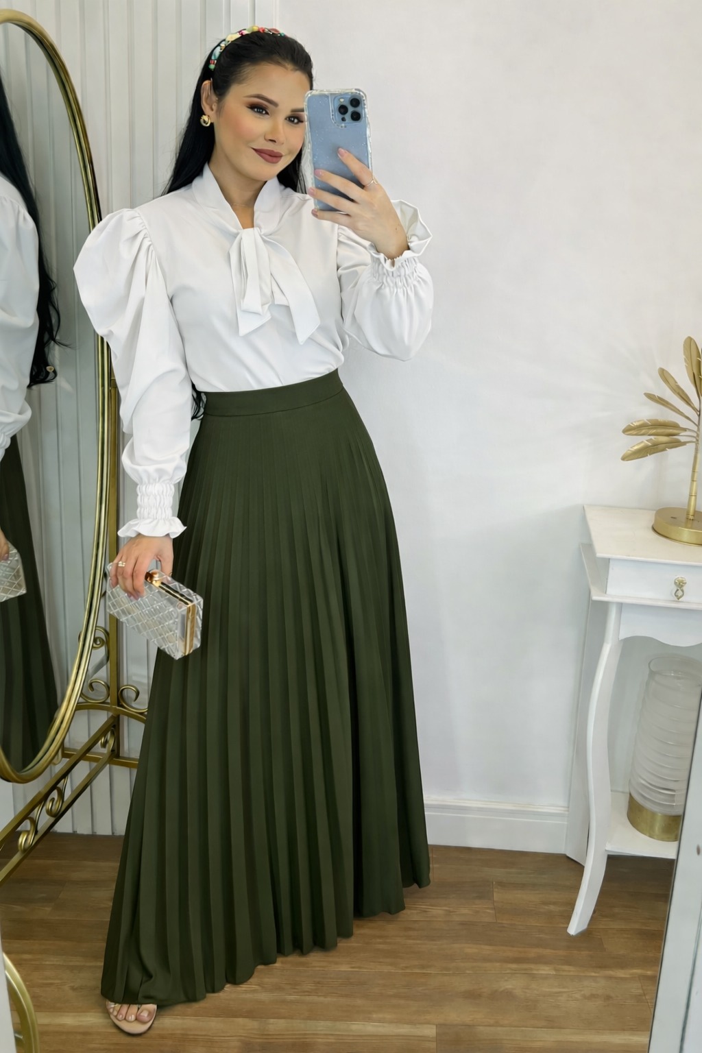 Saia longa Plissada verde militar