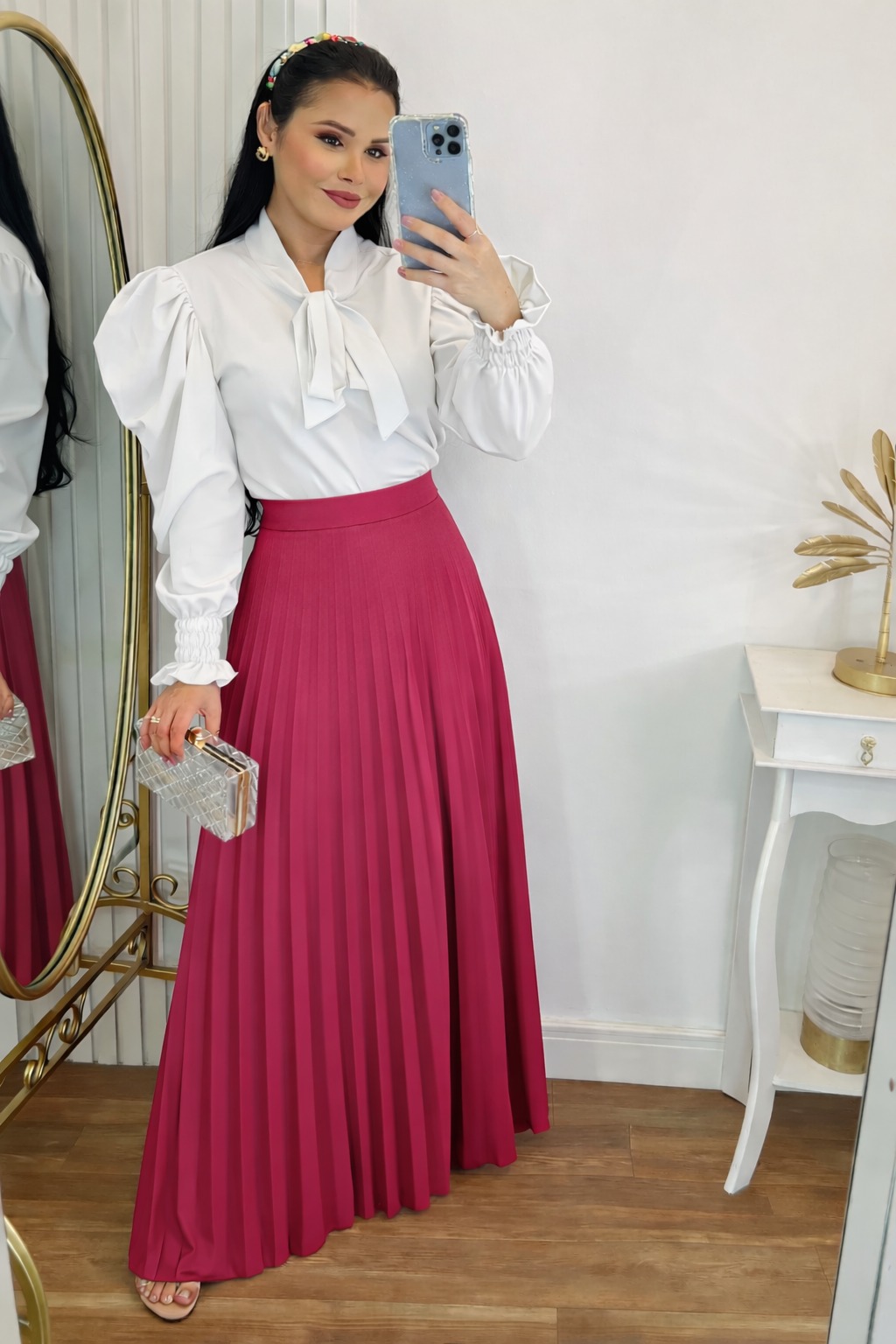 Saia longa Plissada Rosa Pink