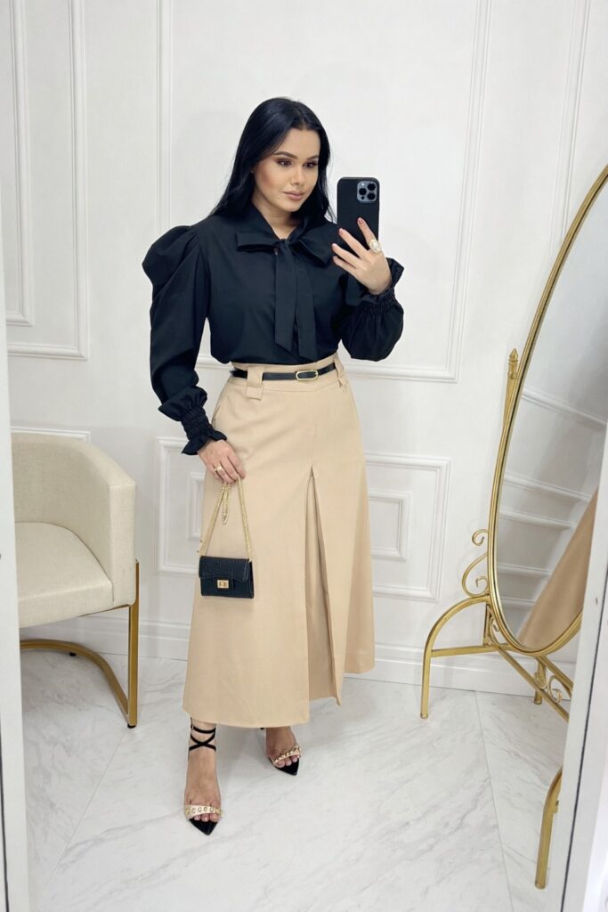 Saia Alfaiataria Midi-Bege