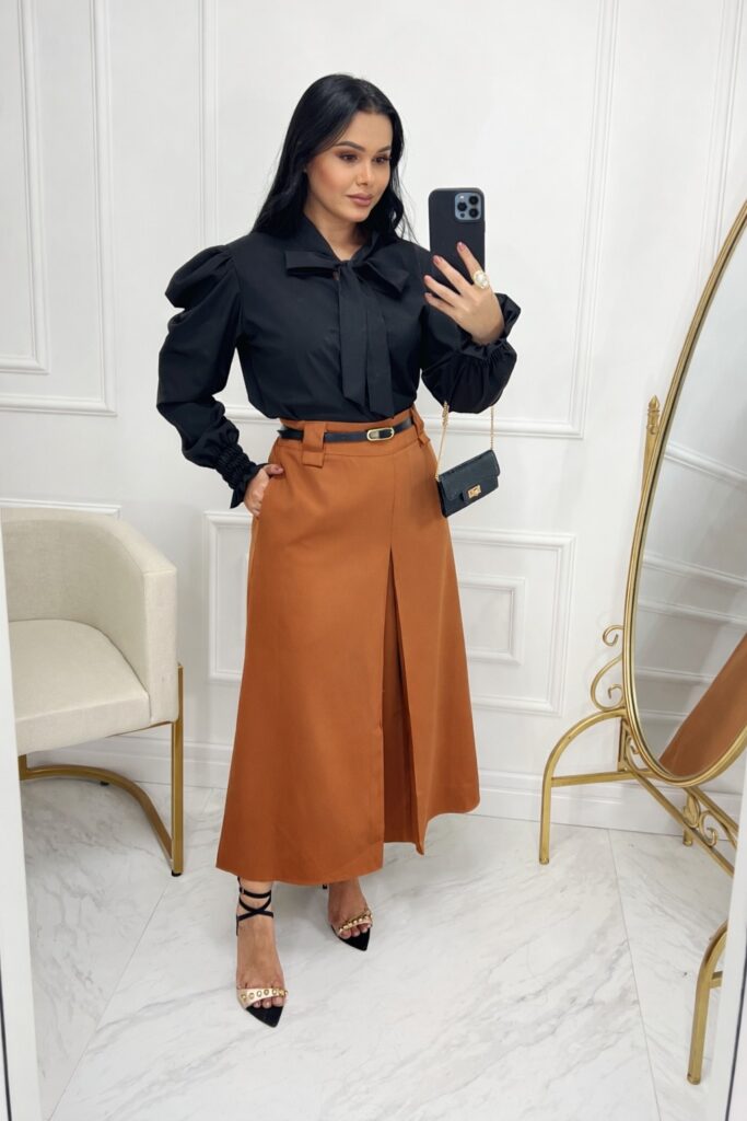 Saia Alfaiataria Midi-marrom