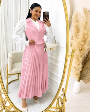 Conjunto em Alfaiataria Plissado com Colete rosa bebe