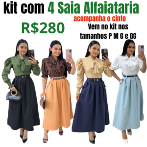 kit com 4 Saia Midi Tecido Alfaiataria com Cinto, Elástico nas Costas e Bolsos Funcionais