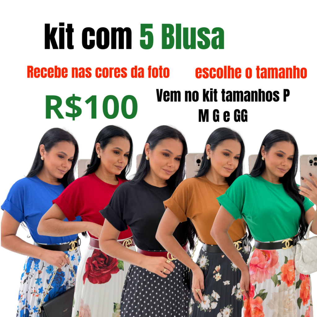 Kit com 5 Blusa Manga japonesa-Tecido viscolaycra