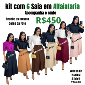 kit com 6 Saia Midi com Fenda Tecido Alfaiataria com Cinto e bolso funcional