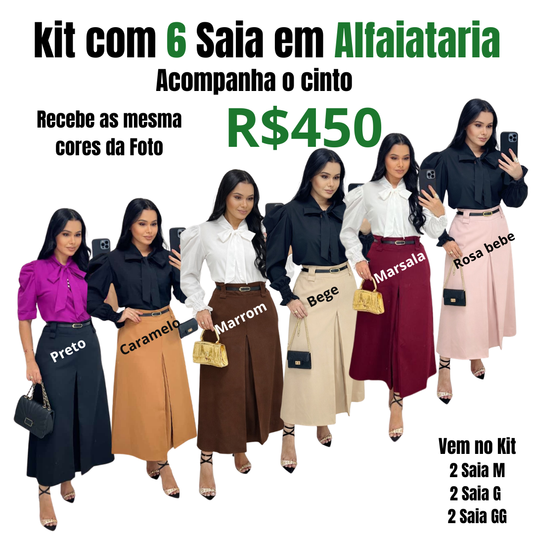 kit com 6 Saia Midi com Fenda Tecido Alfaiataria com Cinto e bolso funcional