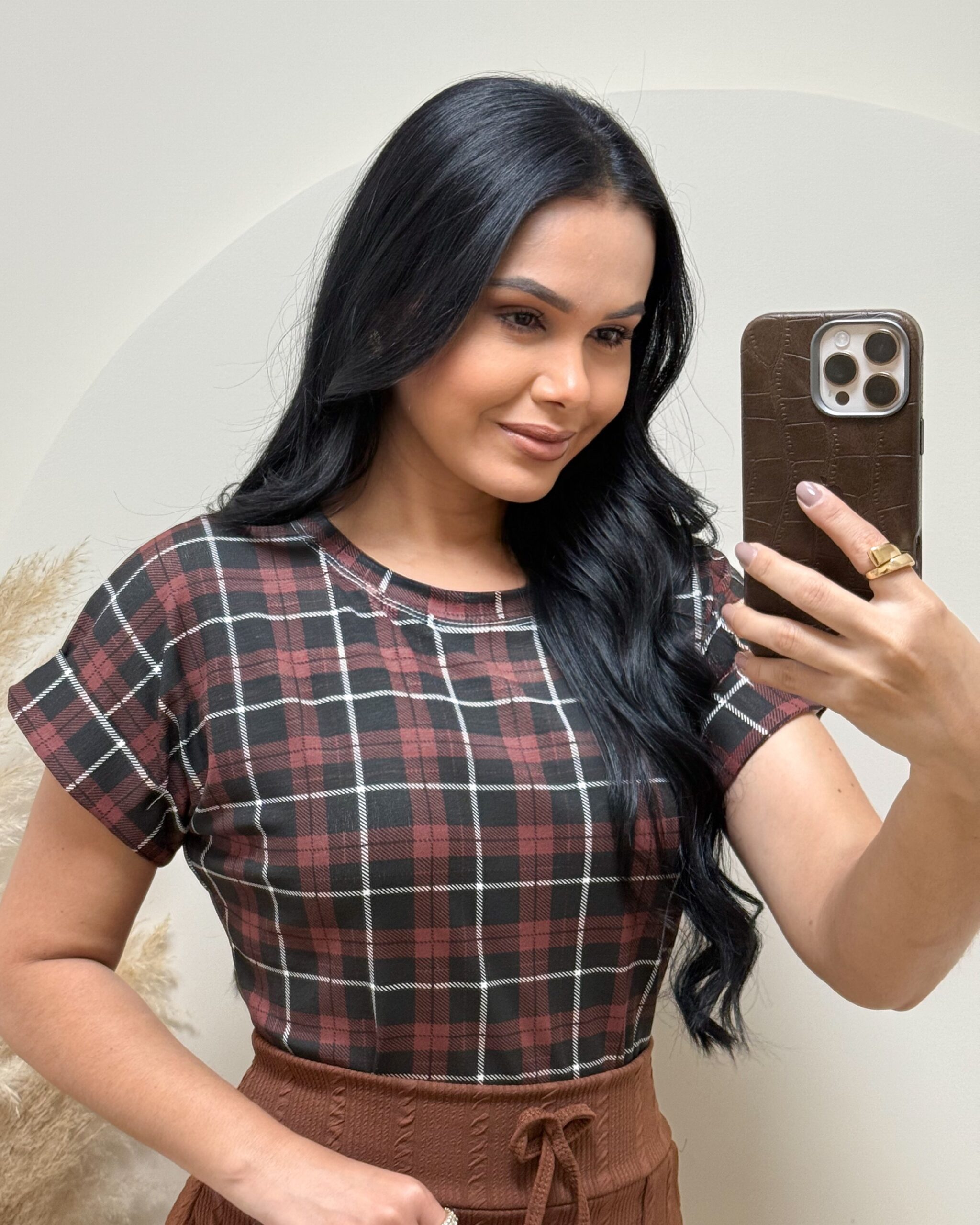 Blusa Tecido viscolaycra xadrez marrom