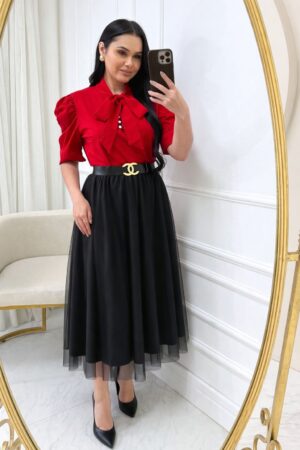 Conjunto Saia Midi em Tule + blusa Cor vermelho + saia preto