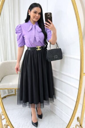 Conjunto Saia Midi em Tule + blusa Cor lilas + saia preto