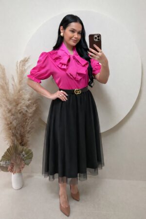 Conjunto Saia Midi em Tule + blusa com babado Rosa pink + saia Preta