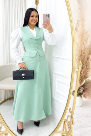 Conjunto Colete + Saia Midi godê em Alfaiataria conjunto completo