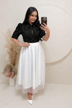 Conjunto Saia Midi em Tule + blusa Cor preto + saia branca