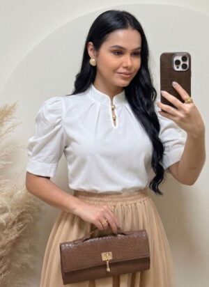 Blusa manga princesa Tecido Crepe Seda branco