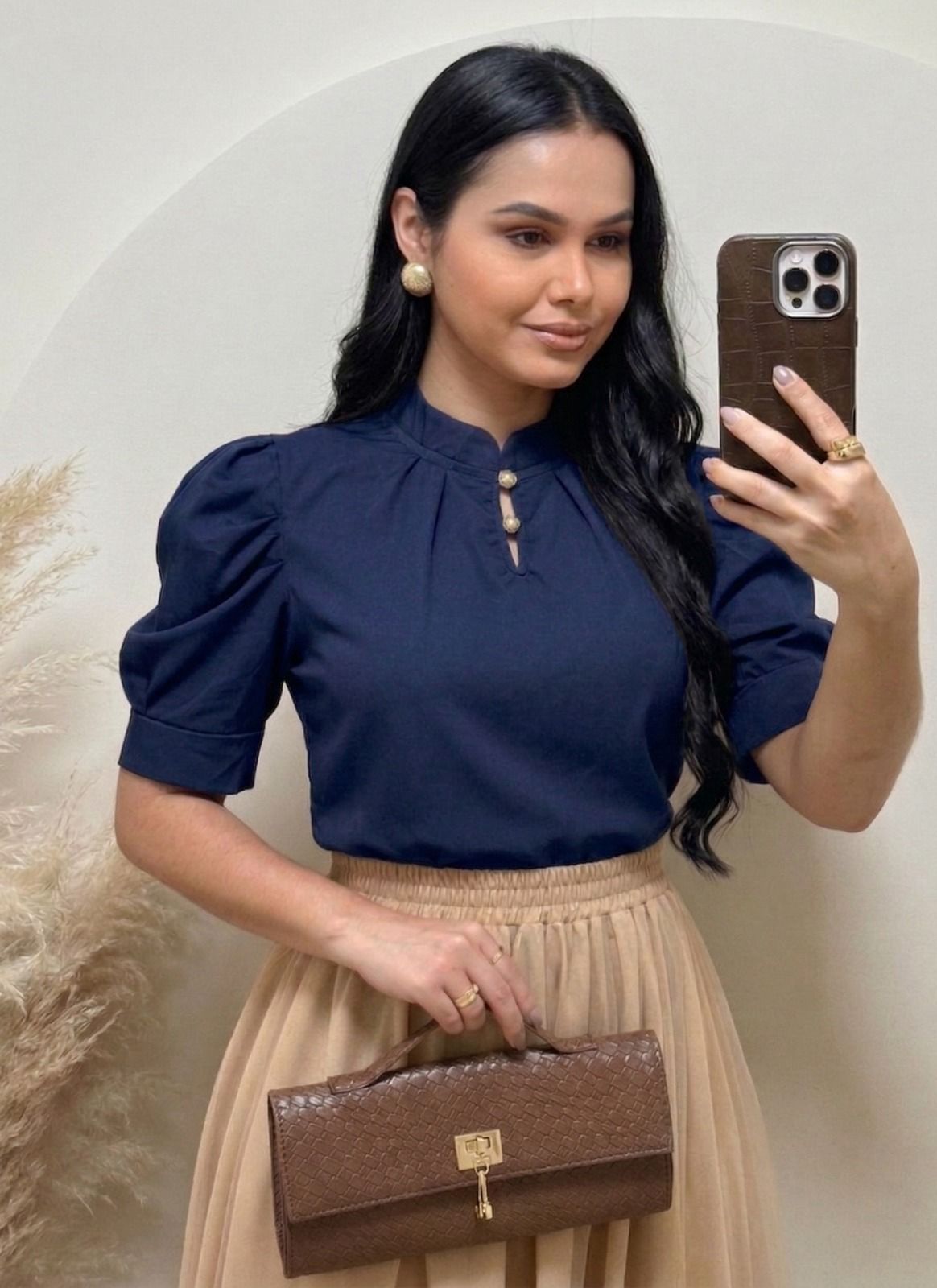 Blusa manga princesa Tecido Crepe Seda azul marinho