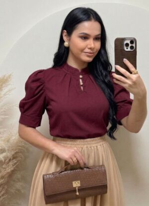Blusa manga princesa Tecido Crepe Seda vinho