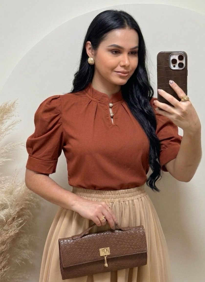 Blusa manga princesa Tecido Crepe Seda terra cota