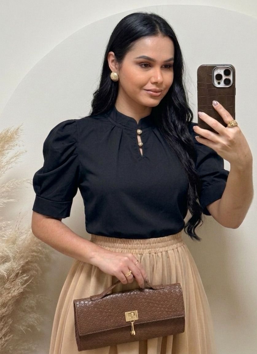 Blusa manga princesa Tecido Crepe Seda Preto