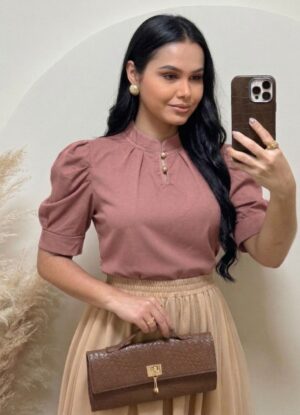 Blusa manga princesa Tecido Crepe Seda rosé