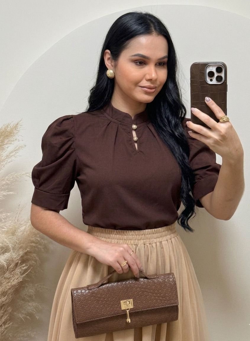 Blusa manga princesa Tecido Crepe Seda marrom