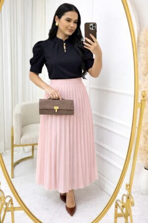 Saia Plissada em Alfaiataria rosa bebe