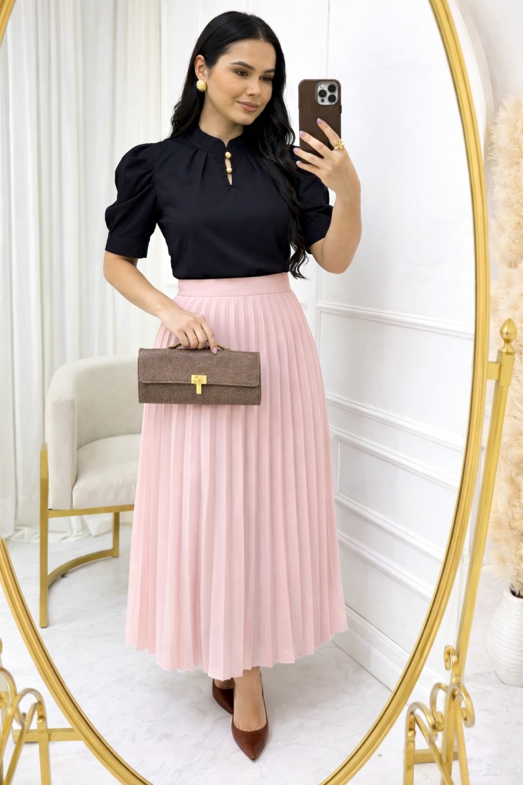 Saia Plissada em Alfaiataria rosa bebe