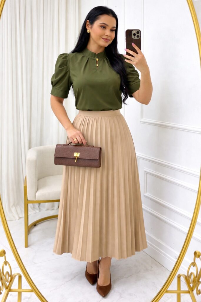 Saia Plissada em Alfaiataria bege