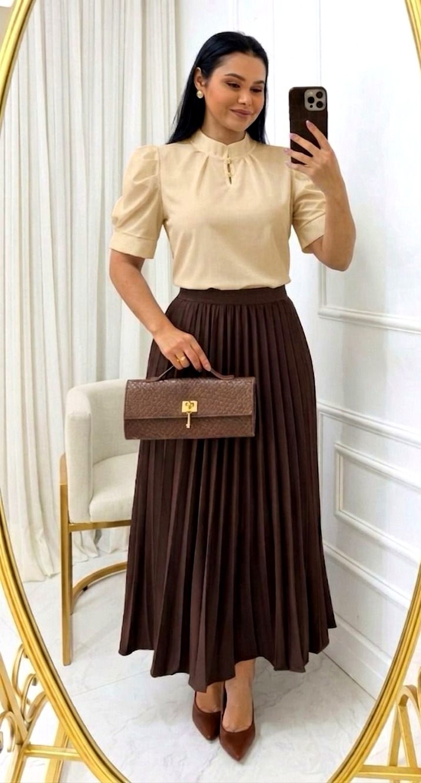 Saia Plissada em Alfaiataria marrom