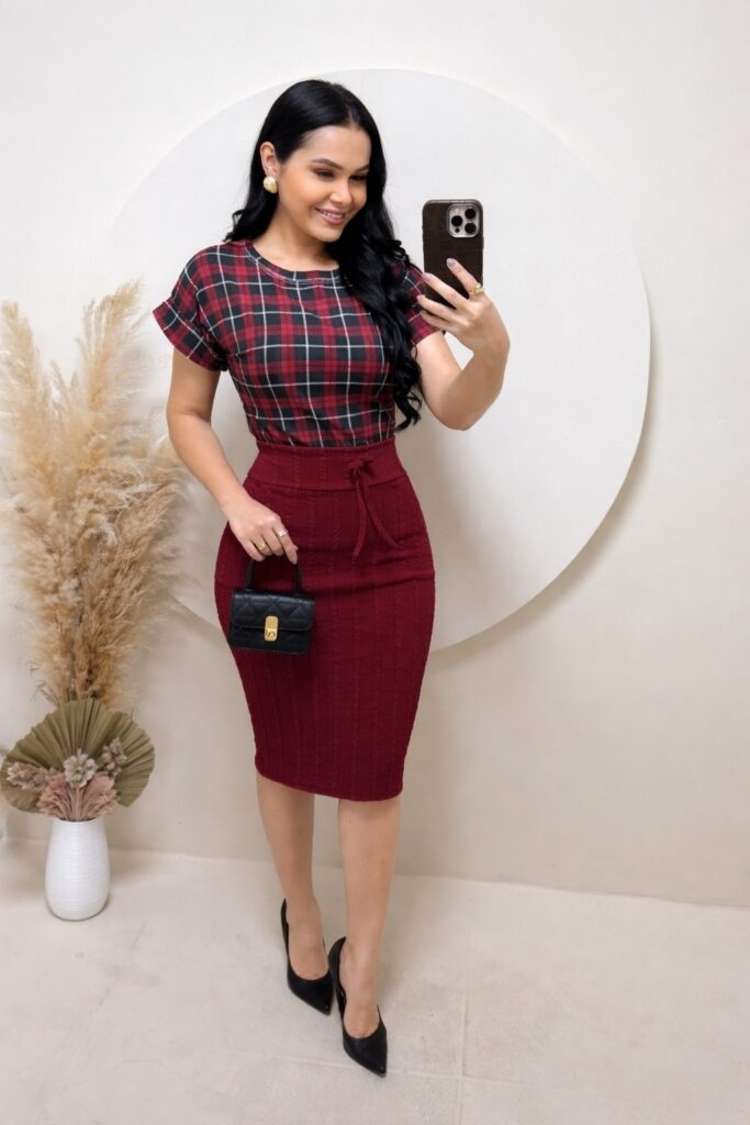 Conjunto Blusa+ Saia – xadrez- marsala