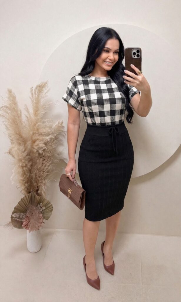 Conjunto Blusa+ Saia – xadrez- Preto